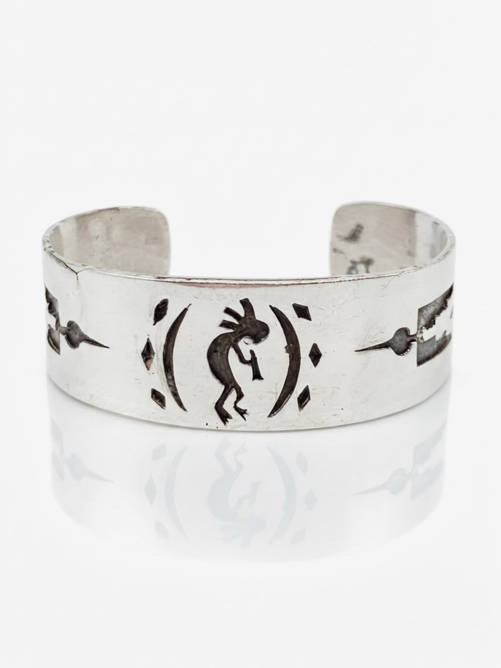 Vintage Southwest 99% Fine Silver Kokopelli Overlay Cuff Bracelet Signed 31.5g